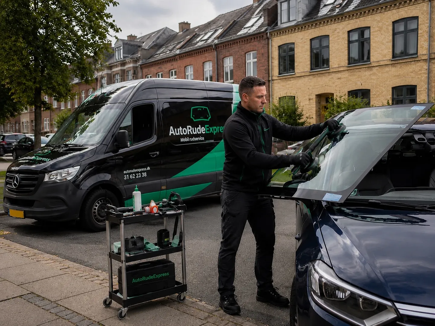 Tekniker fra AutoRudeExpress udskifter en forrude hos en kunde