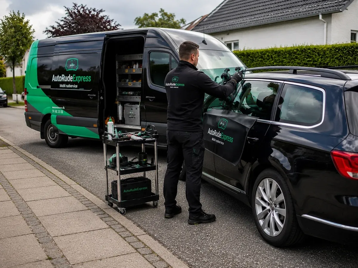AutoRudeExpress-tekniker og servicebil hos kunden under et mobilt rudeskift